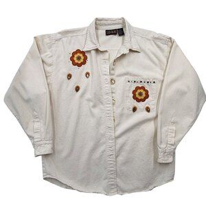Las Olas Western Fall Floral Rhinestone Applique Shirt Cream Cowgirl Womens L